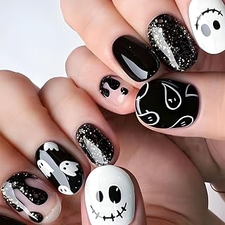 Halloween Press on Nails White Black Fake Nails Short Glue on Nails Square False Nails with Designs Dripping Blood Glitter Glossy Acrylic Ghost Stick on Nail for Women and Girls