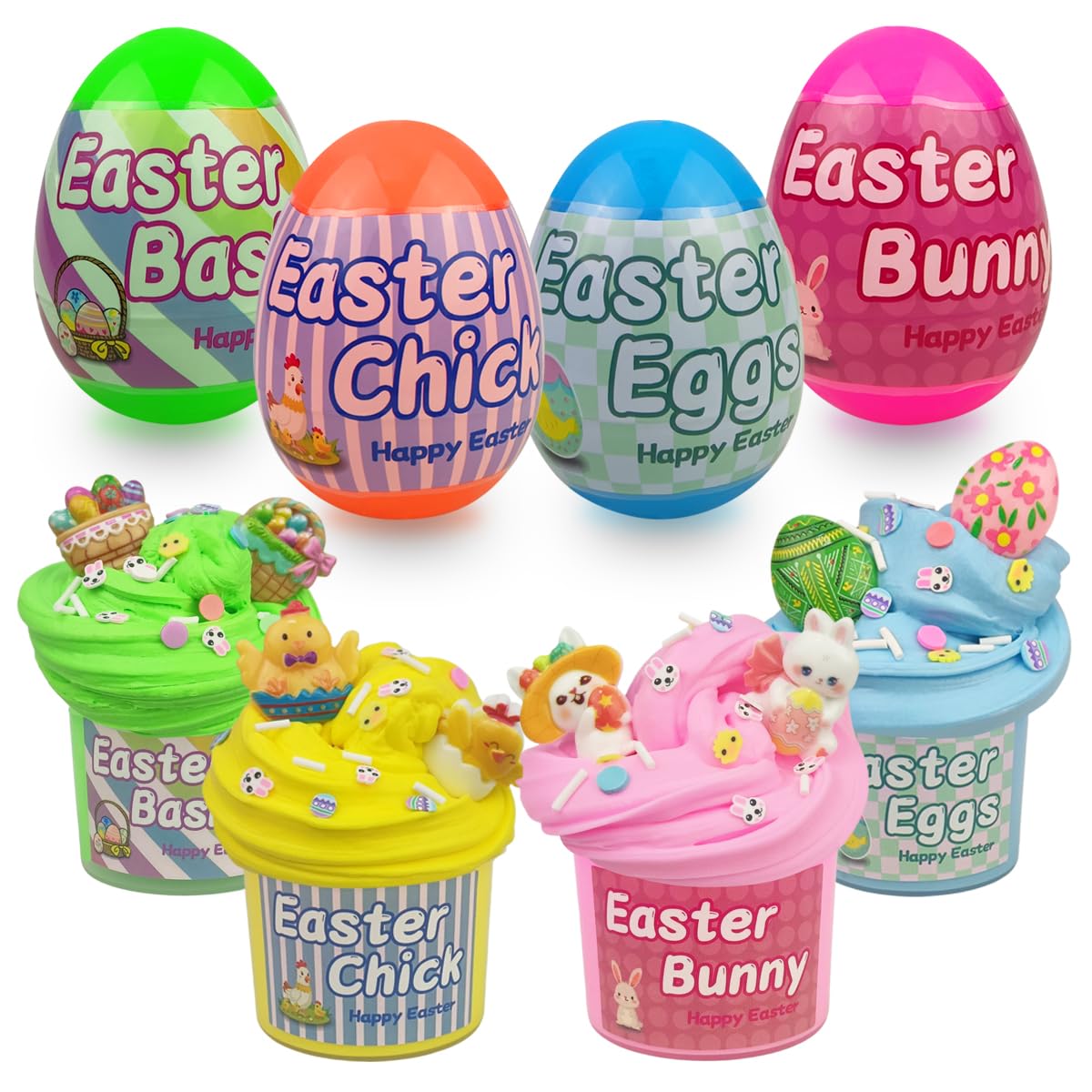 OCBTOW 4 Pack Easter Eggs with Butter Slime and Charms Inside for Kids Girls Boys Easter Basket Stuffers Toys Gifts Party Favors