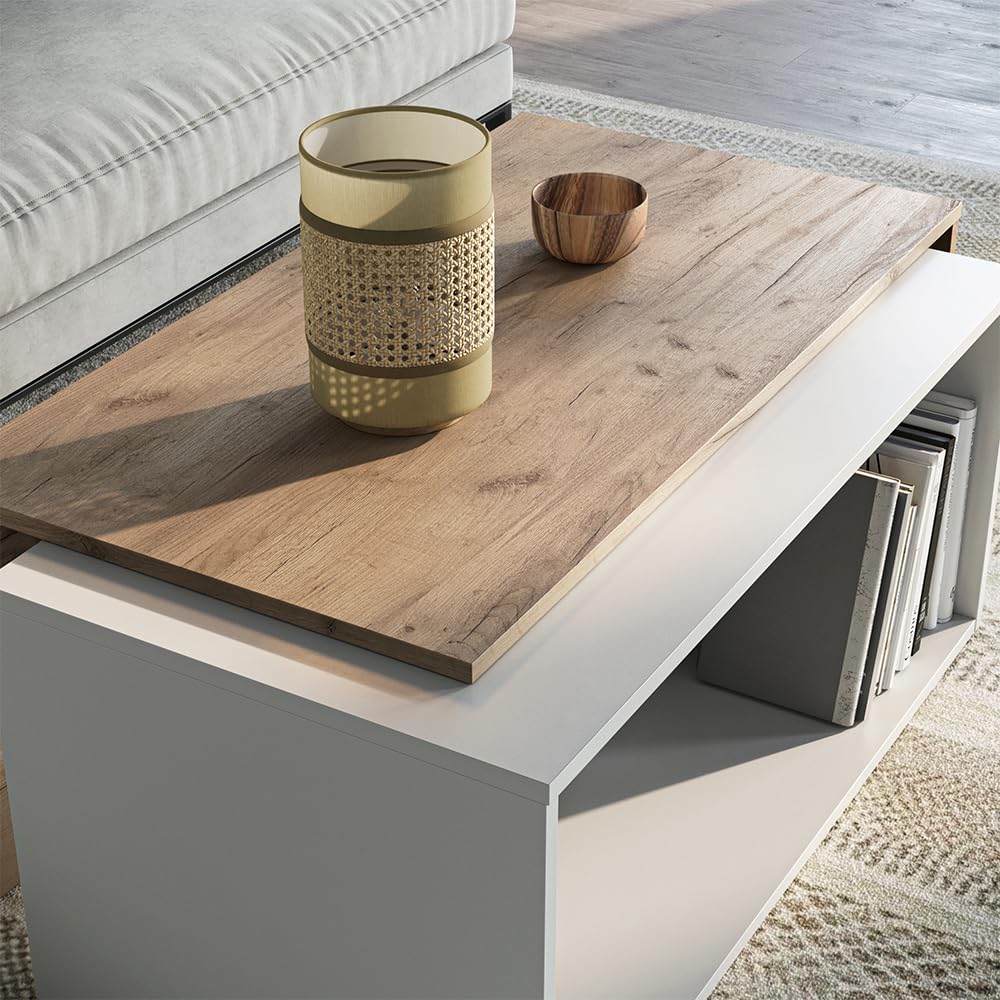 Vicco Couchtisch Paul, Weiß/Goldkraft Eiche, 90 x 48 cm | mit drehbarer Tischplatte und zusätzlicher Ablagefläche