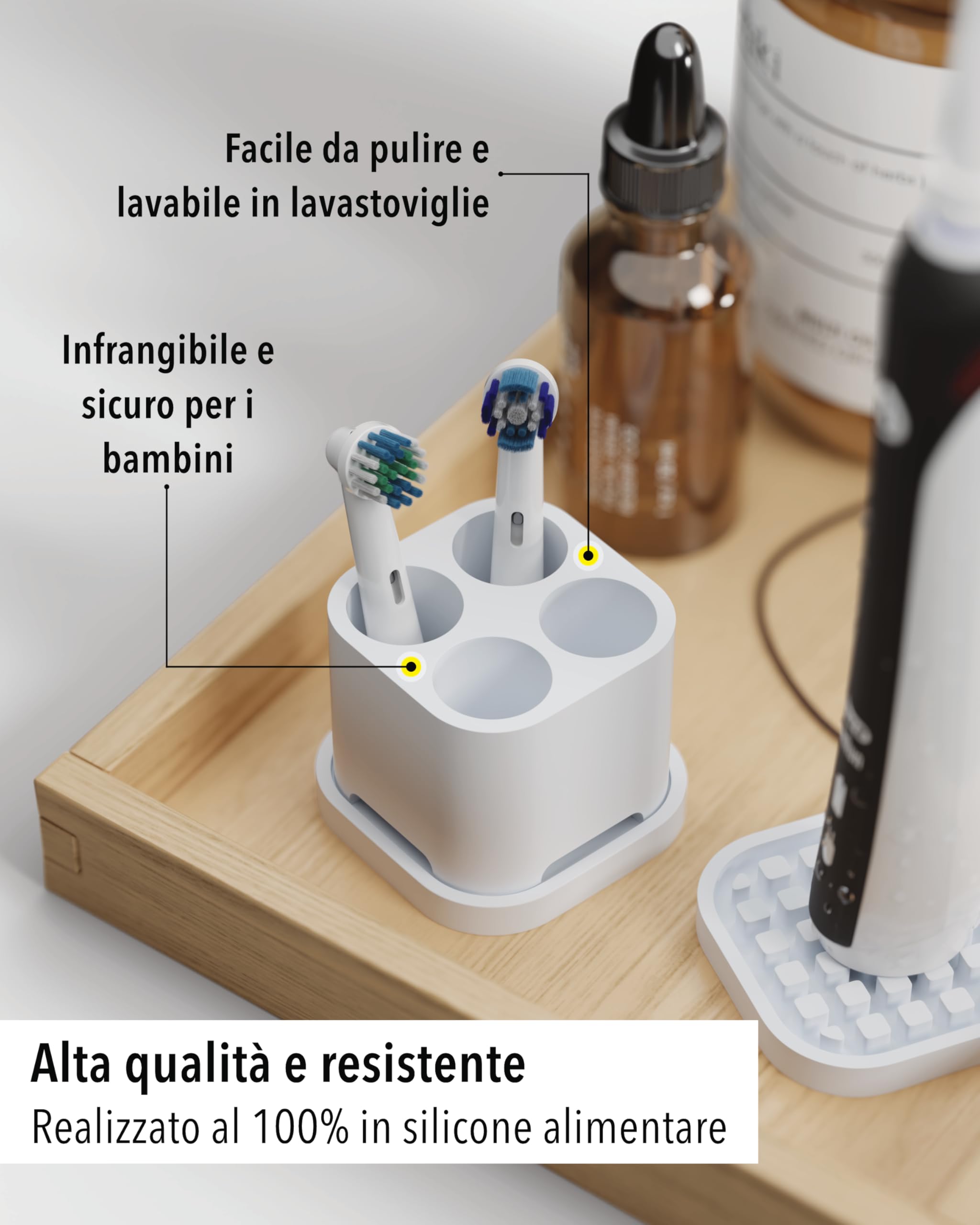 Qikfresh - Supporto per 4 testine e spazzolini elettrici - Compatibile con Oral-B, iO, Philips Sonicare, Waterpik, Fairywill - In silicone alimentare (Bianco)