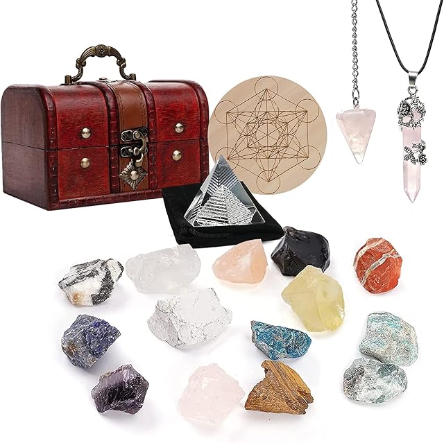 Soulnioi 18pcs Natural Crystals and Healing Stones Kits: 14PCS Raw Chakra Stones, Rose Quartz Necklace and Pendulum, Crystal Pyramid, for Beginners Wicca Reiki Yoga Meditation