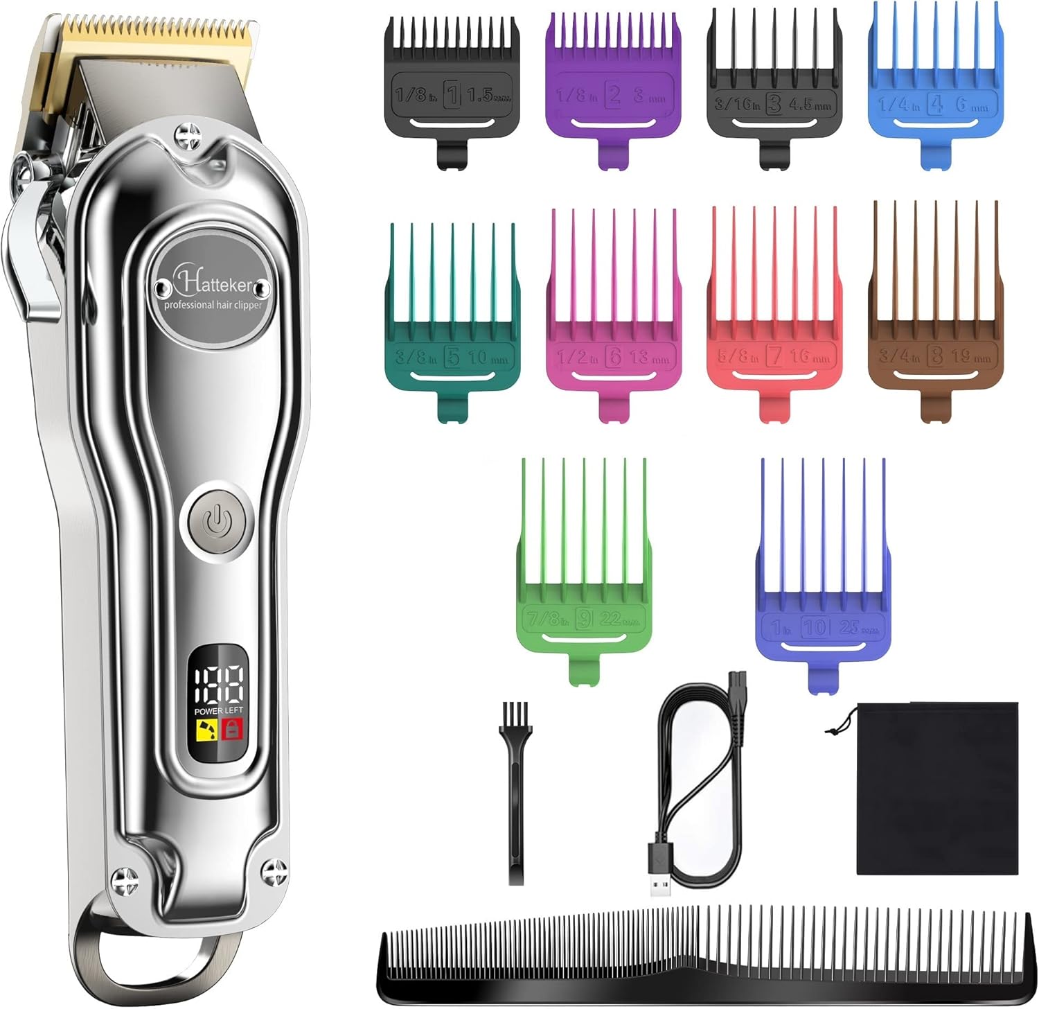 Hatteker Mens Hair Clipper Hair Trimmer Cord Cordless Professional Hair Cutting Kit Beard Trimmer Rechargeable IPX7 Waterproof LED Display 10 Colorful Clipper Combs