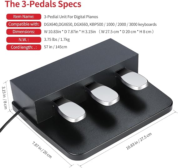 3-Pedal for Digital Keyboard Piano,3 Pedal Unit Compatible for Yamaha DGX640,DGX650, DGX660,KBP500, KBP1000, KBP2000, KBP3000 Electric Piano