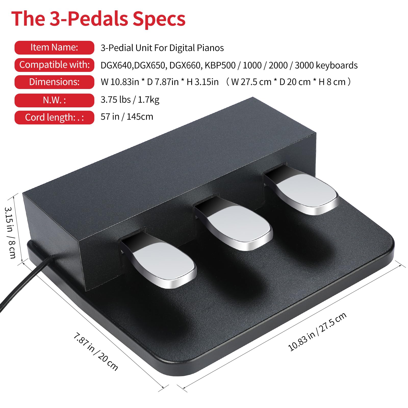 3 pedali per tastiera digitale pianoforte, unità a 3 pedali compatibili per pianoforte elettrico Yamaha DGX640, DGX650, DGX660, KBP500, KBP1000, KBP2000, KBP3000