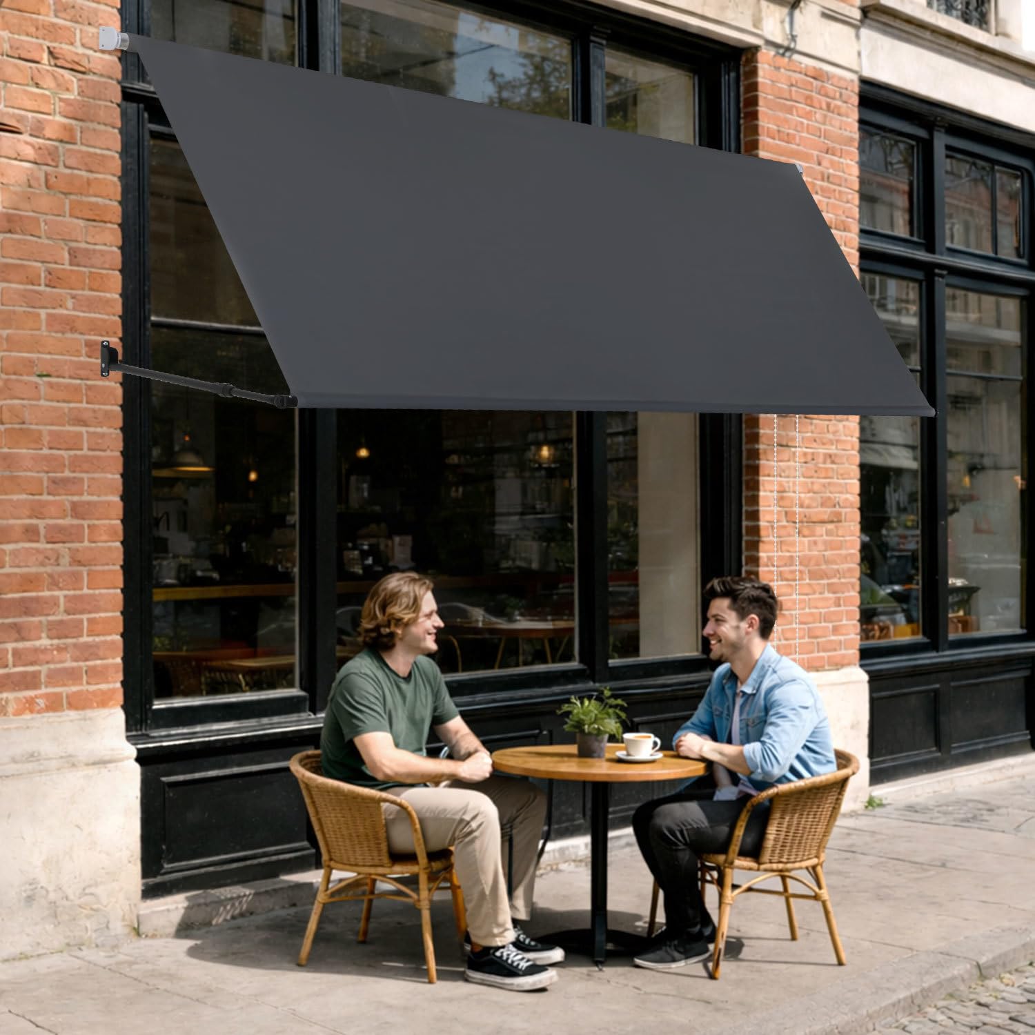 Jayseuw Fallarmmarkise Markise einziehbar 150x150cm, Stützarm 70-120cm verstellbar, 2m Perlenkette, Wandmontage, Sonnenschutz & Windschutz für Balkon Terrasse Garten, Dunkelgrau