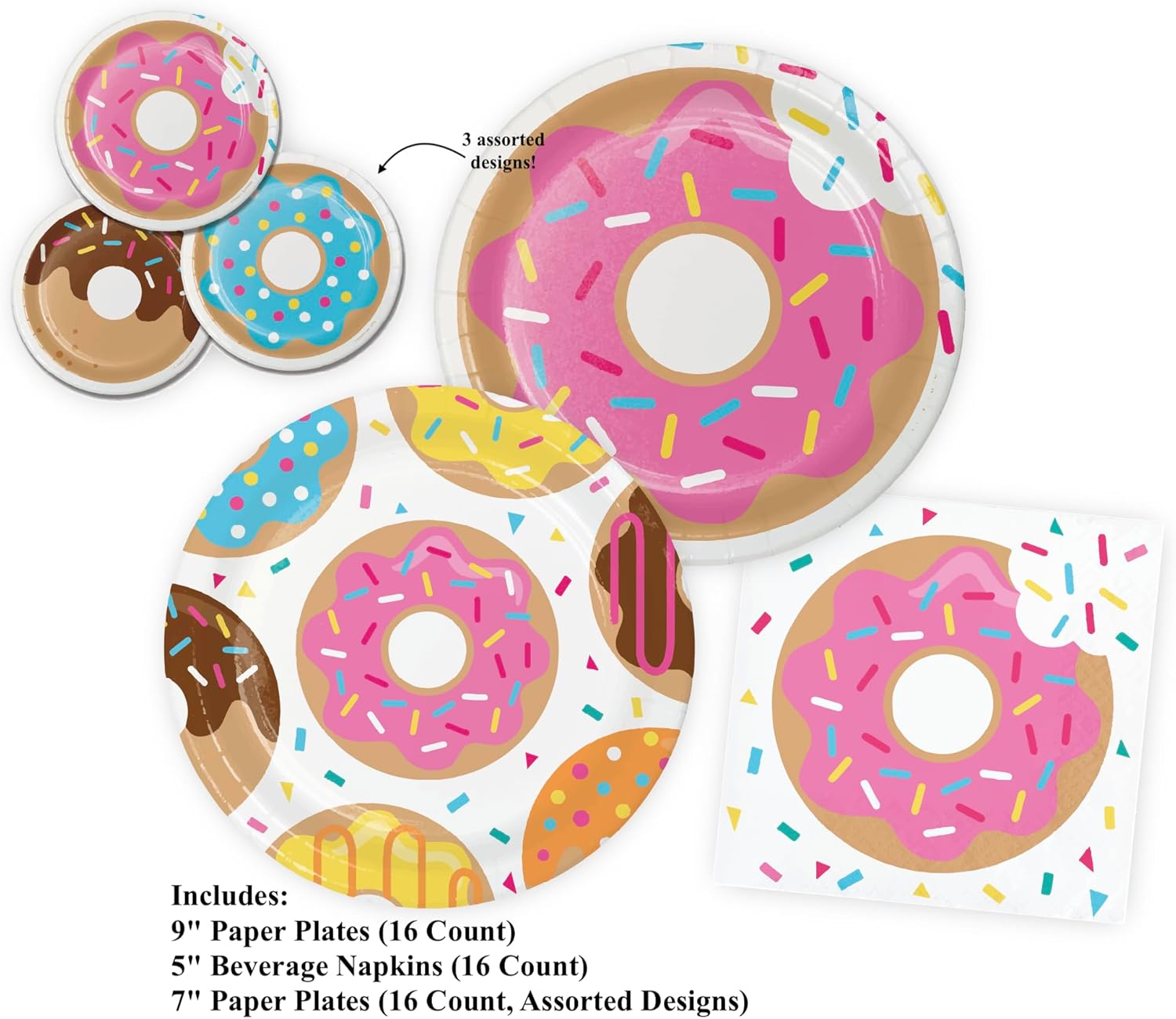 Creative Converting Donut Party Pack, 16 Guests, Large Paper Plates, Small Cake Plates, Napkins, Assorted Designs