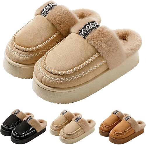 Winter Suede Warm Fuzzy Soft Platform Cloud Slippers Women Men Beige/44-45
