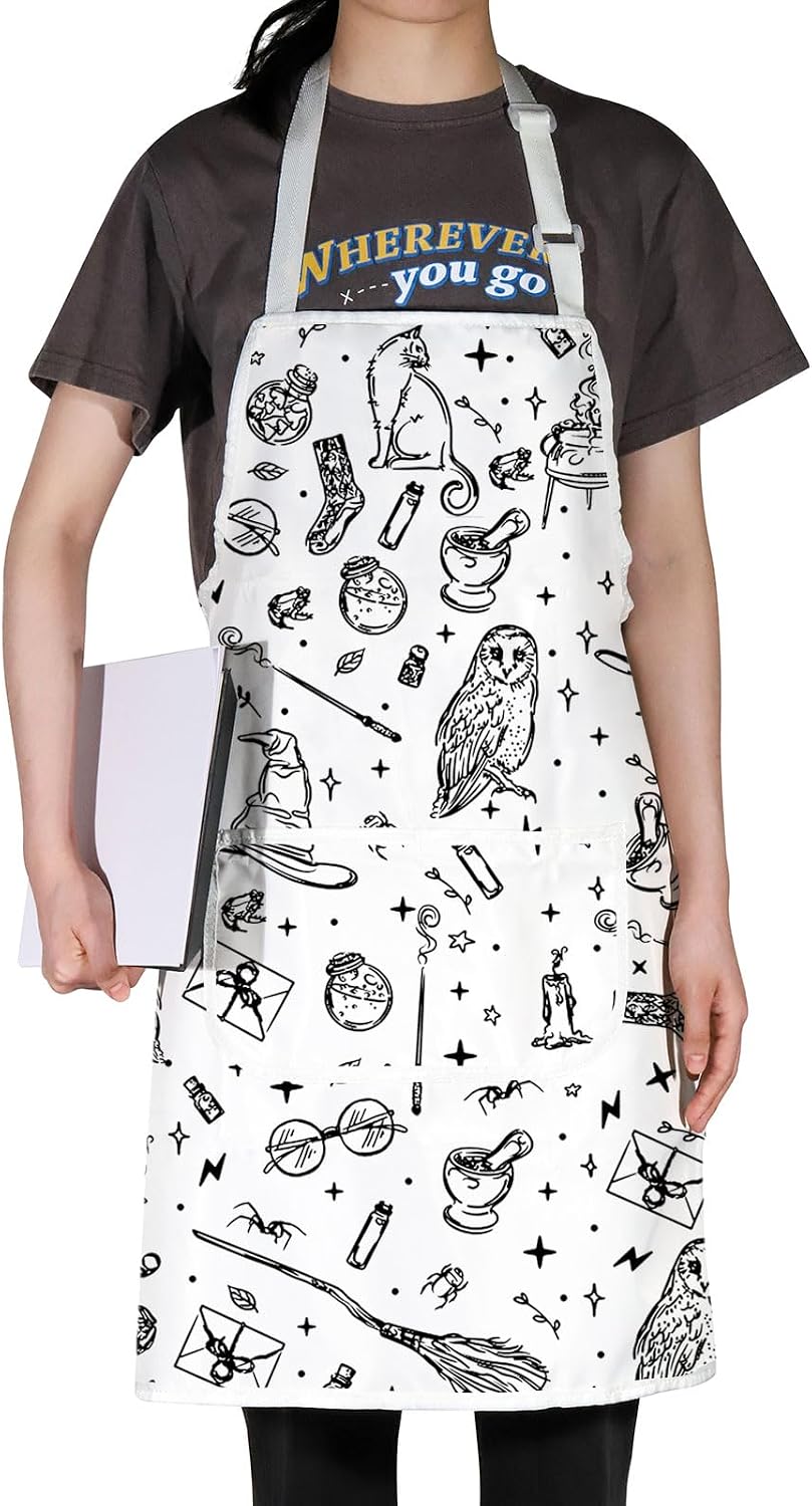WZMPA Magic Wizard Kitchen Apron With Pockets Spooky Witch Gift Gothic Magic Adjustable Apron For Cooking Baking Grilling image 5