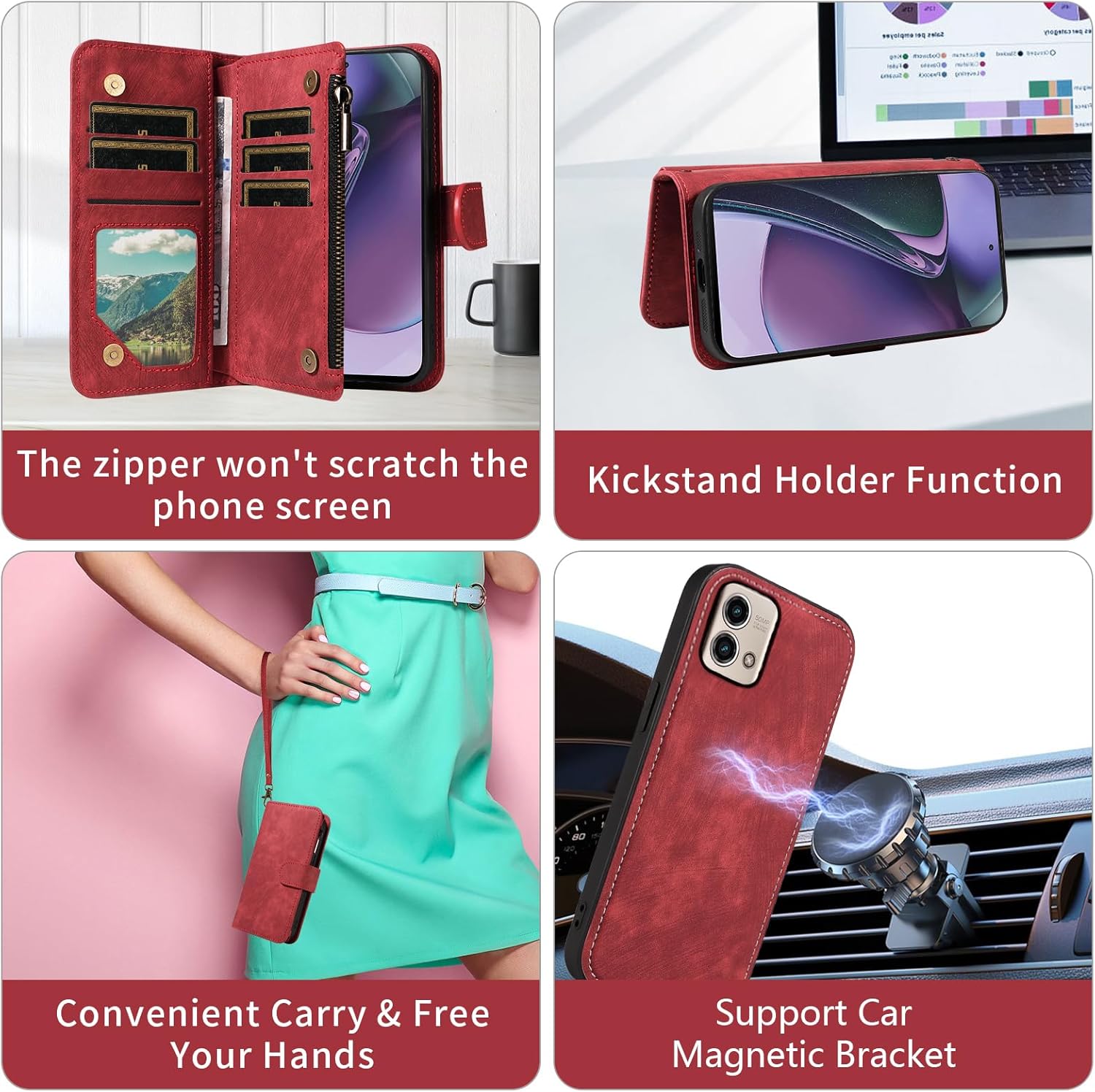 Asuwish Phone Case for Motorola Moto G Stylus 5G 2023 Zipper Wallet Detachable Magnetic Cover with Tempered Glass Screen Protector Crossbody Lanyard Card Holder GStylus G5 XT2317DL XT2315-5 Girls Red