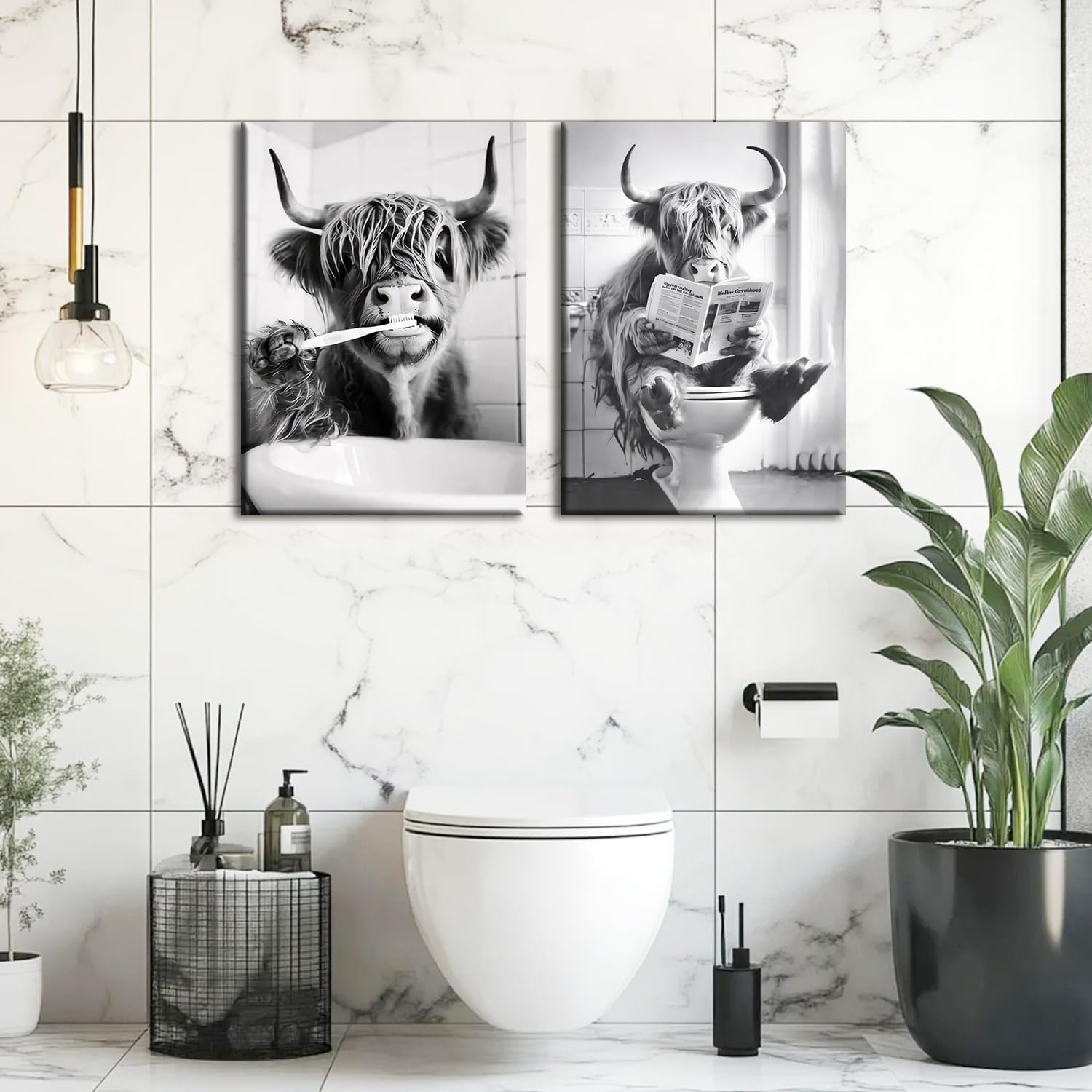 Kdyudo 3 pcs Highland Cow Toilet Canvas Framed Wall Art, Funny Animal Bathroom Print Pictures Black and White Funny Animal Cow Painting Poster Artwork for Bathroom Toilet Wall Decor 16×24 inche