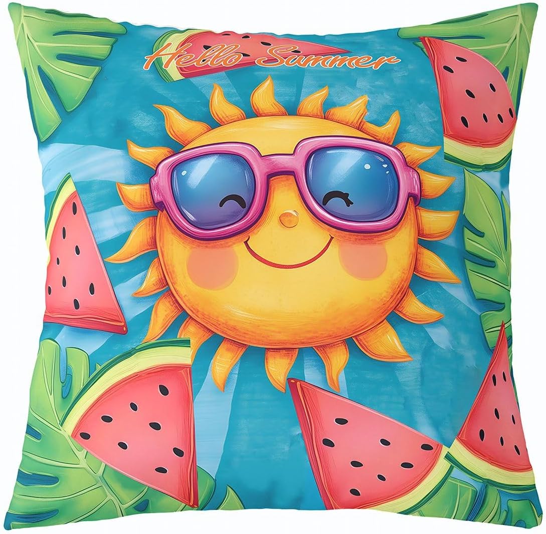 Homewish Cartoon Cute Sun Throw Pillow Cover Watermelon Tropical Plant Double Sides Pillow Case for Kids Boys Girls Room Decor,Groovy Summer Cushion Cover for Bed Couch Sofa,Red Yellow 1 Pack 16"x16"