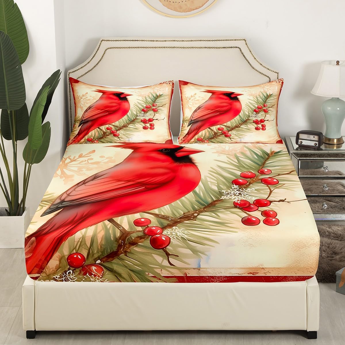 Christmas Cardinal Bed Sheet Set King Size,Xmas Theme Red Bird Watercolor Deep Pocket Fitted Sheet,1 Flat,2 Pillowcases,Berry Pine Branch Plaid Geometric Bed Mattress Cover, Bedroom Decor