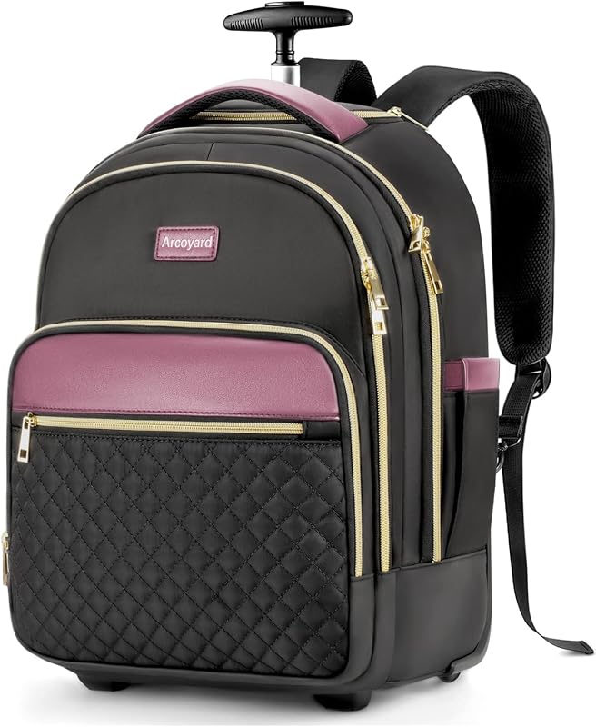 Small Rolling Backpack for Women with Wheels, Roller Laptop Travel Backpack, Lightweight Water Resistant Wheeled Underseat Carry On Luggage for Work and College, Black Purple