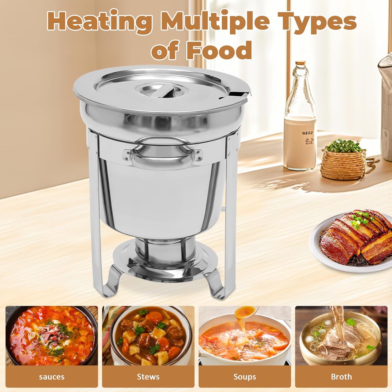 7QT Soup Chafer, Large Capacity Stainless Steel Round Soup Warmer with Lid and Fuel Holder, Commercial Soup Pot Chafing Dishes for Catering, Parties, Buffet, Banquets, Events