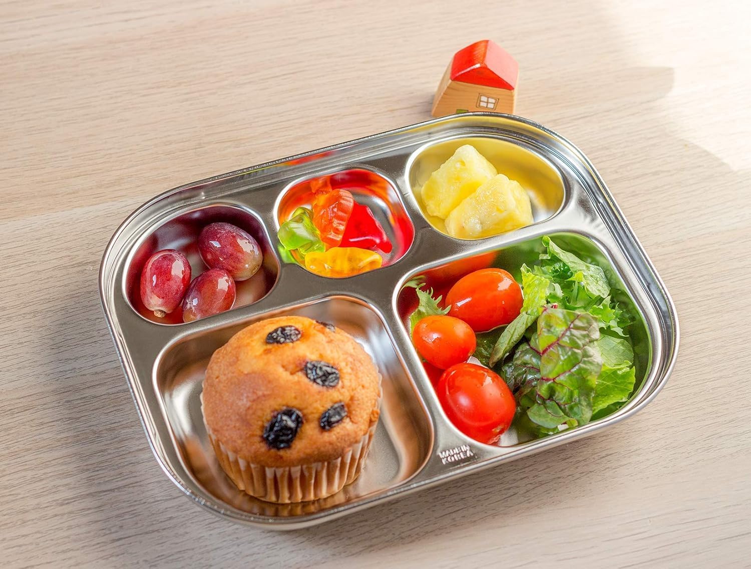(DESHOP) Stainless Steel Divided Plates Tray, 5 Section, SMALL Size, Compact Serving Platter, Dinner Snack, Camping Dishes (2 Pack) (Made In Korea)