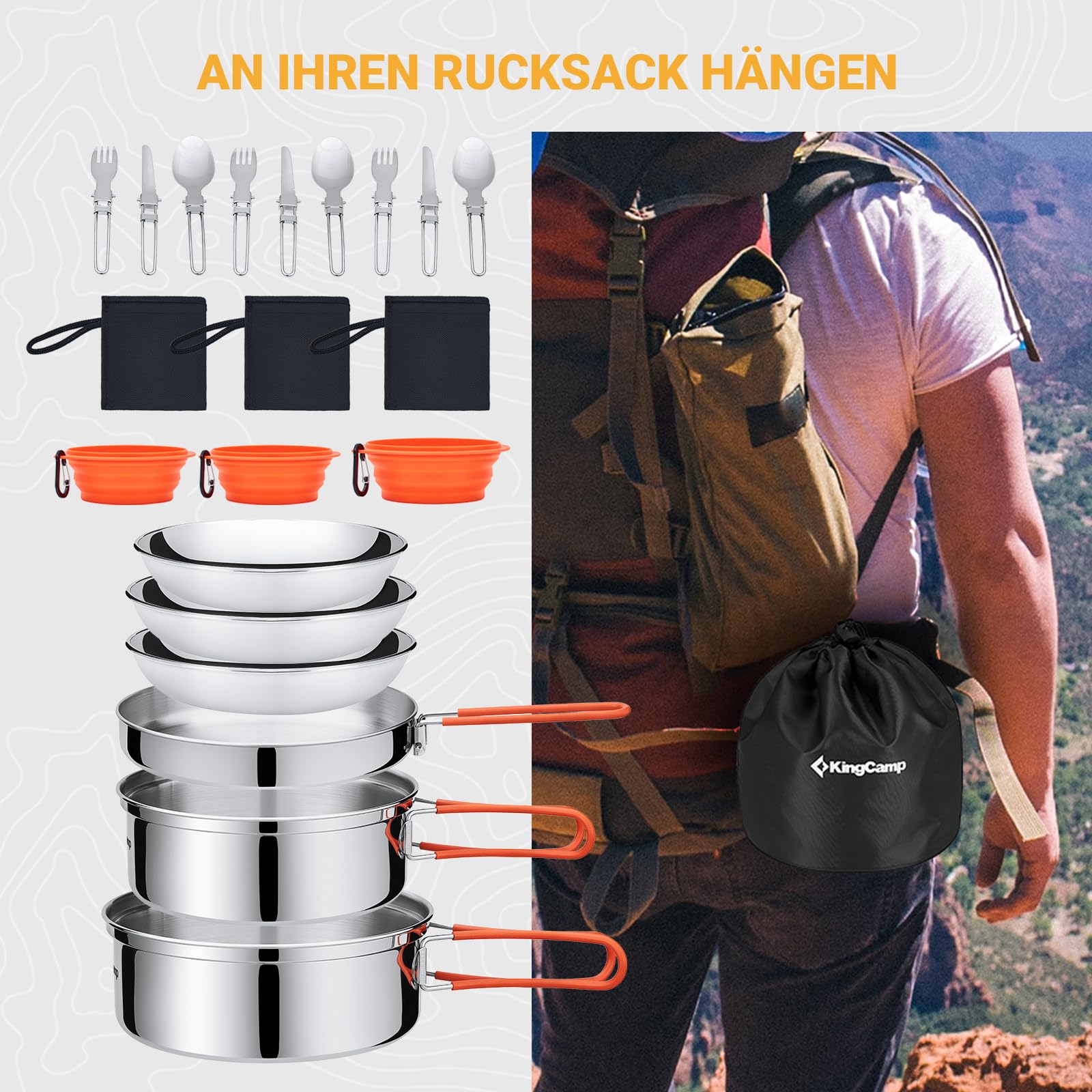 KingCamp Campingküche faltbar mit Bambus Campingschrank & Edelstahl Camping Kochgeschirr, Outdoor Küche mit Stauraum, Windschutz, Lampenhalter & Kochset für 3 Personen, ideal für Camping, BBQ&Picknick