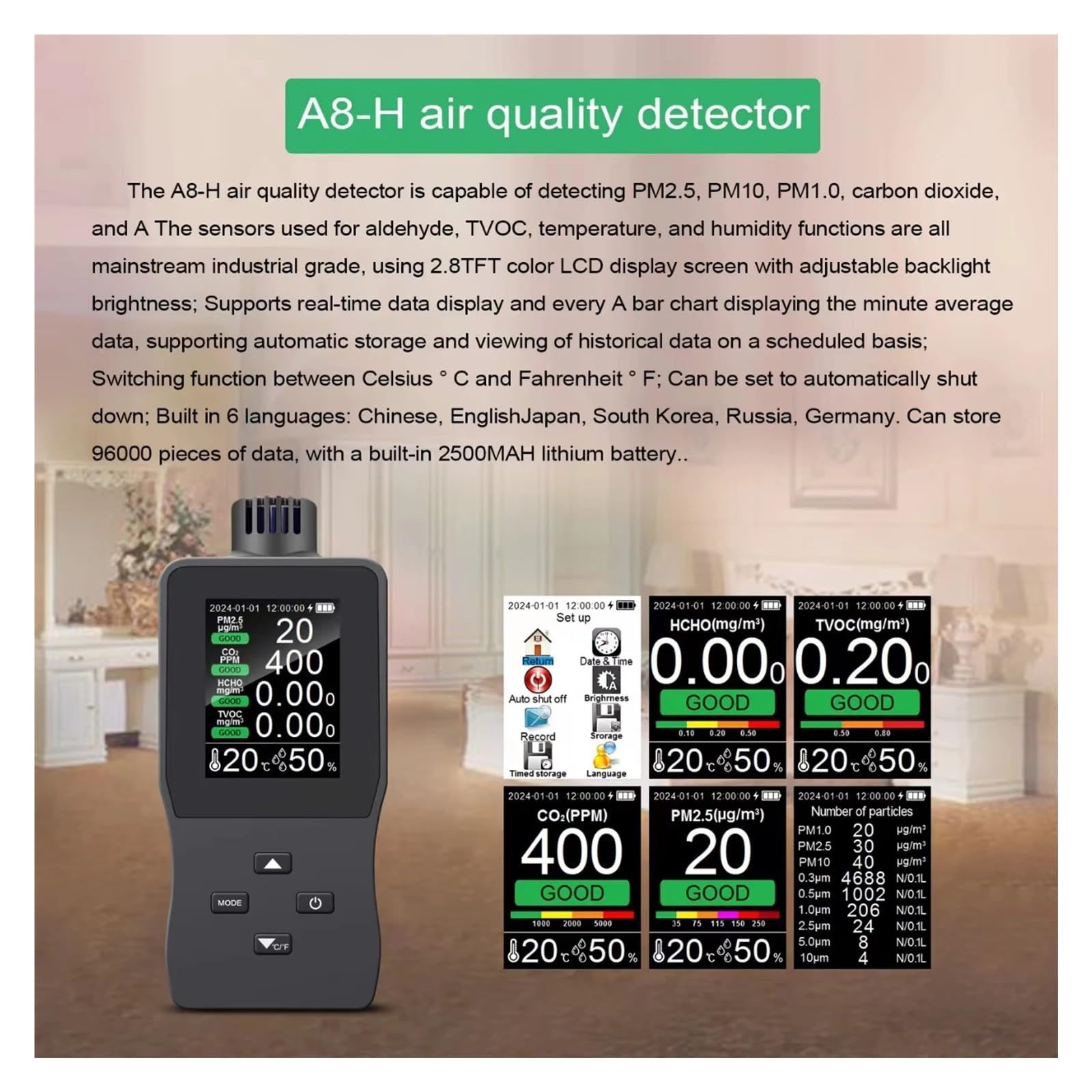 Miernik jakości powietrza LCD CO₂ Miernik HCHO/TVOC/PM2.5/Temp/Wilgotność Monitor jakości powietrza Detektor Inteligentny analizator gazu formaldehydowego Odczyt w czasie rzeczywistym