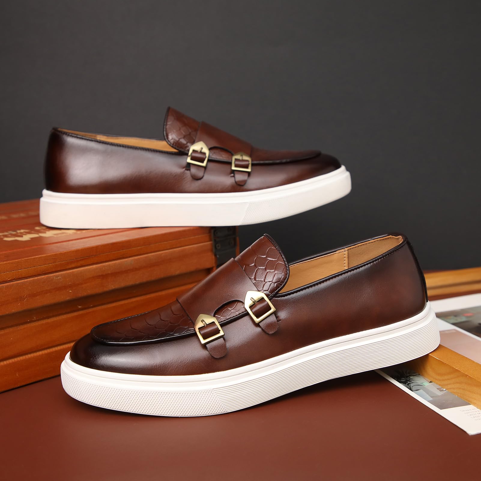 ANUFER Uomo Eleganti Doppio Monaco Fibbia Mocassini Casual Slip-On Piattaforma Scarpe da Ginnastica