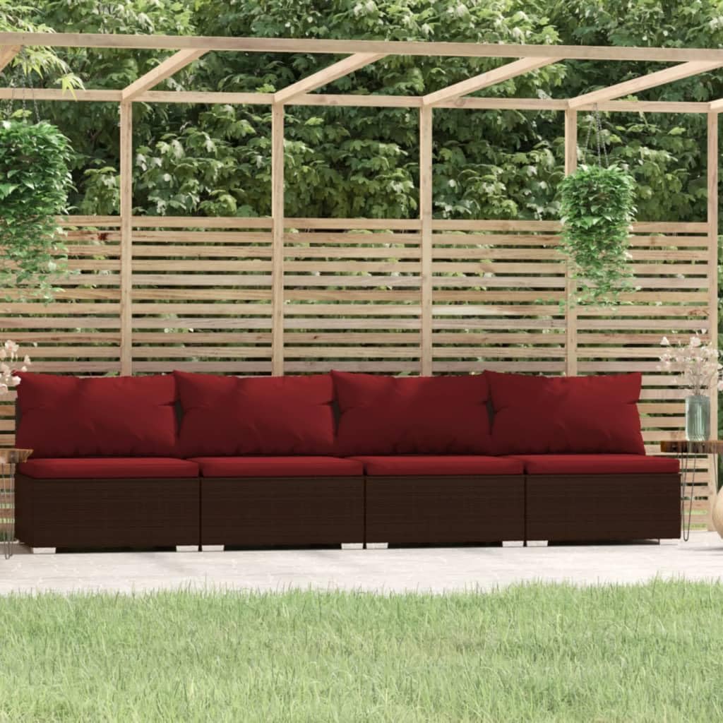 vidaXL 4-Seater Patio Sofa - Comfortable Outdoor Seating with Cushions - Resistant PE Rattan and Steel Material - Brown and Cinnamon Red