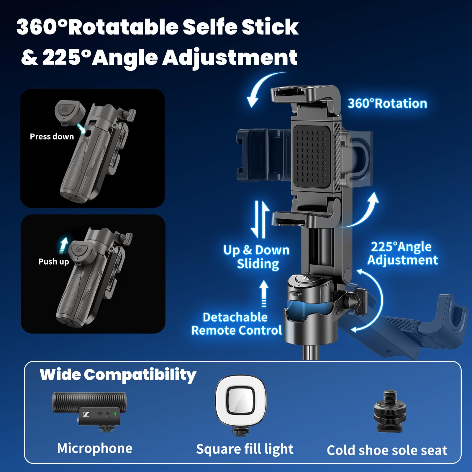 Palos de selfie para iPhone, trípode multifuncional 4 en 1 con control remoto, mini palo selfie de tamaño de bolsillo, adecuado para fotografía, transmisión en vivo, artículos esenciales de