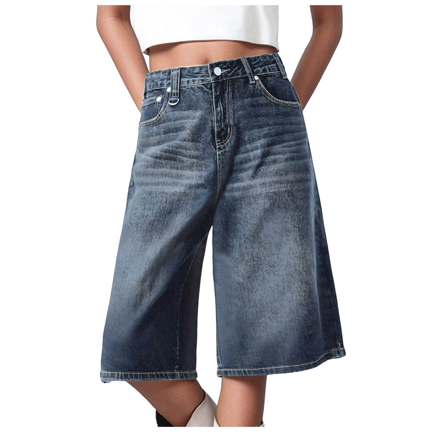 Jean 3/4 ample pour femme - Jambe large - Décontracté - Taille haute - Longueur genou - Short en jean extensible - Bermuda d'été Hip Hop pour femme