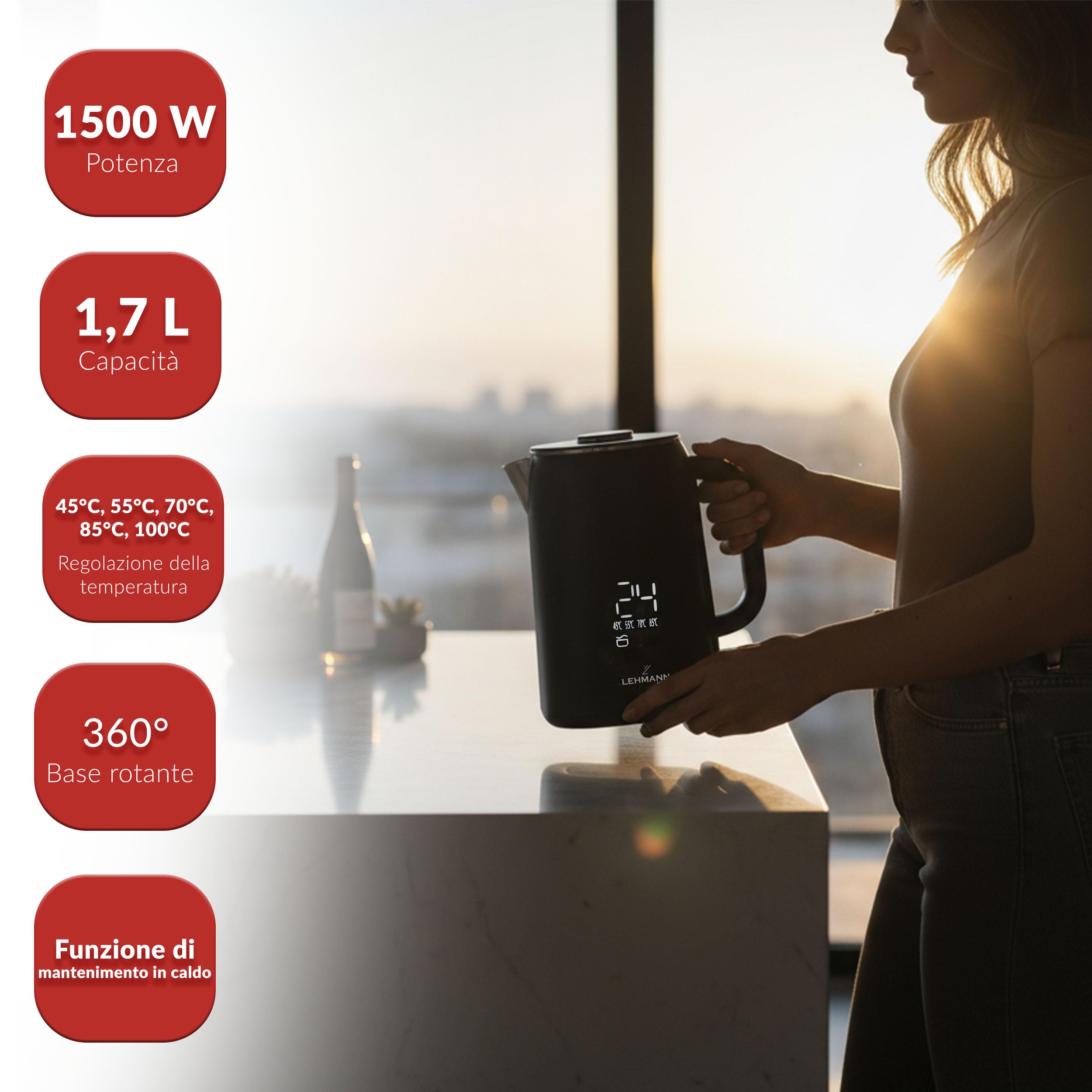 LEHMANN Bollitore Elettrico con Temperatura Regolabile 45-100°C, Capacità 1,7 L, Interno in Acciaio Inox senza BPA, Base Girevole 360°, Doppia Parete, Display Touch, per Famiglia e Ufficio, Nero
