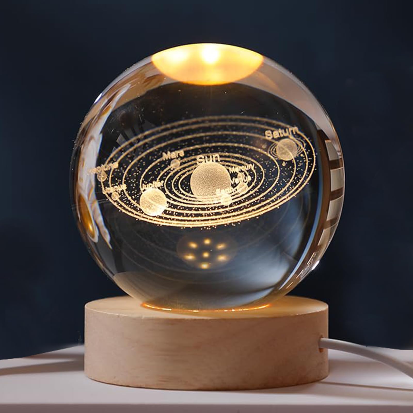3D Solar System Clover Crystal Ball 60mm with Wood Base, Good Universe Gifts Ideas Glass Ball