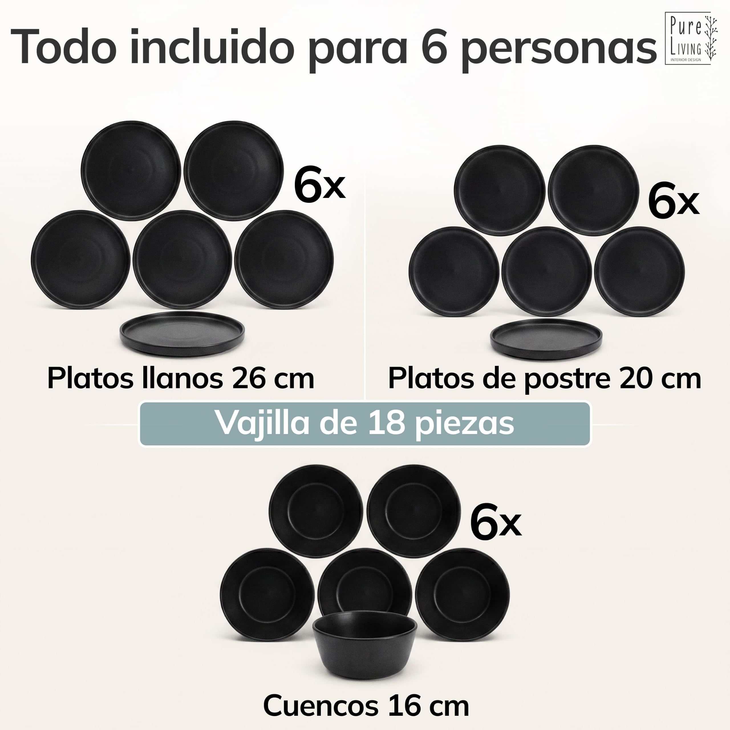 Vajillas Completas de Piedra Negra para 6 Personas -Estilo Urbano Moderno - Juego de Platos de 18 Piezas - Aptos para Lavavajillas y Microondas - Vajilla Negra Mate -Set de Platos Elegante y Funcional