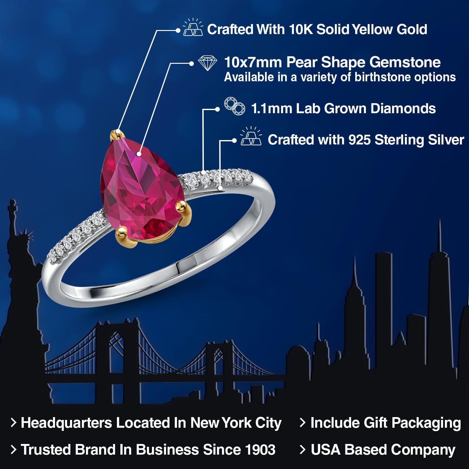 Gem Stone King 925 Silver and 10K Yellow Gold 10X7MM Pear Shape Gemstone Birthstone and White Lab Grown Diamond Engagement Ring | Wedding Engagement Anniversary Promise Ring For Women