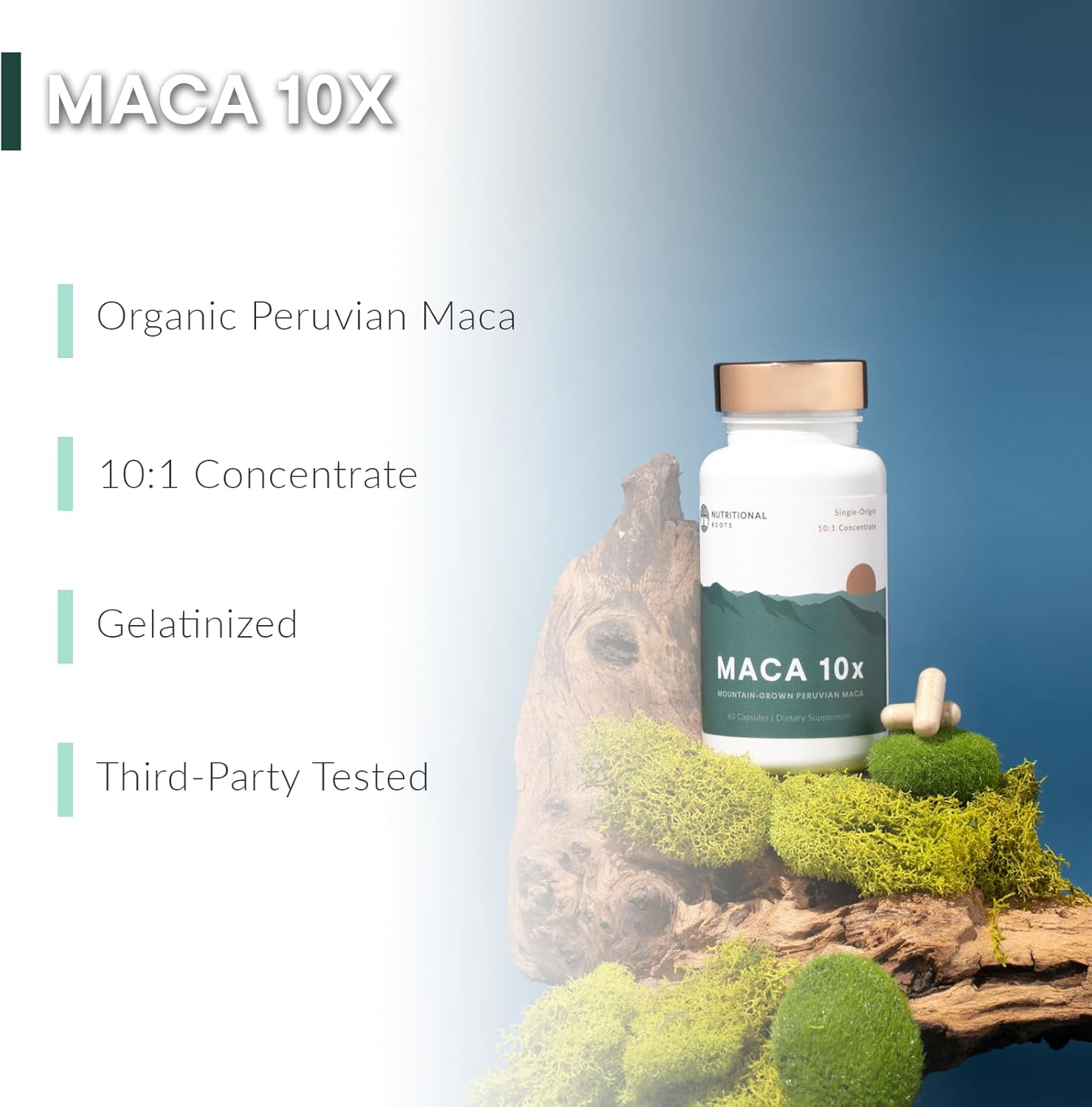 Nutritional Roots Maca Root Capsules: Peruvian Maca 10x, Made with Organic Maca Powder (Lepidum meyennii), 10:1 Concentration, Single-Origin, Vegan, Gelatinized Maca Supplement, 60 ct. - Image 2