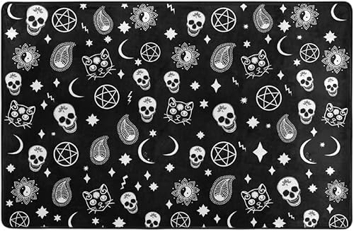 Miniatura 3 de Alfombra antideslizante para lavandería, tapete de cocina de granja, baño, lavandería, accesorios de decoración (calavera, gato, luna, patrón