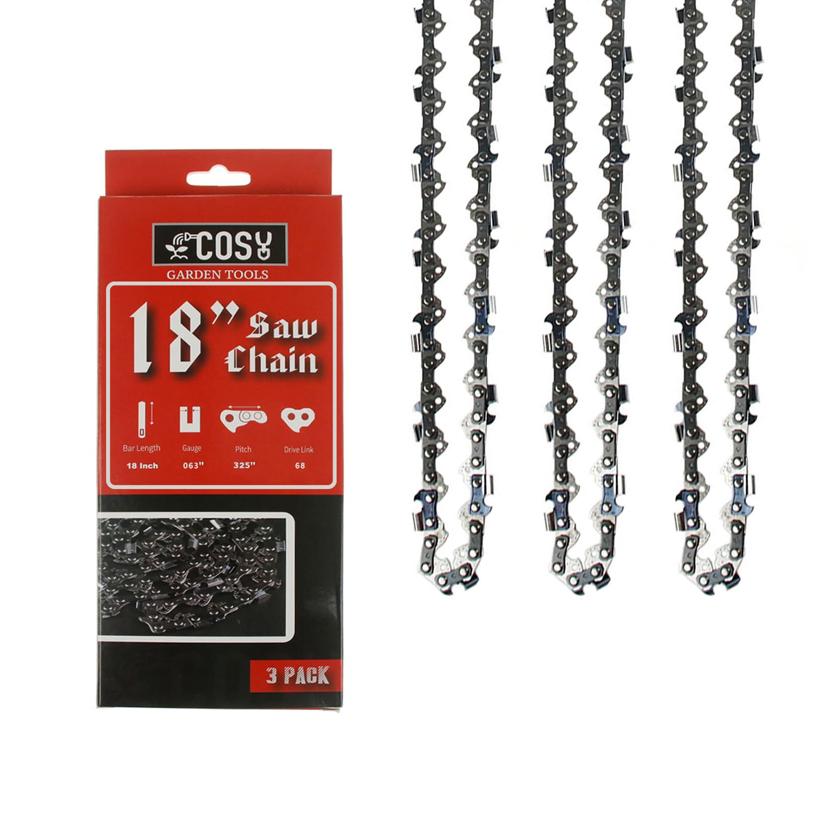 COSY GARDEN TOOLS 3 Pack 18Inch Chainsaw Chain 68 Drive Links,Low Kickback Heavy Duty Chainsaw Blade .0.63" Gauge .325" LP Pitch Fit for Craftsman,Echo Husqvarna Ego Ryobi