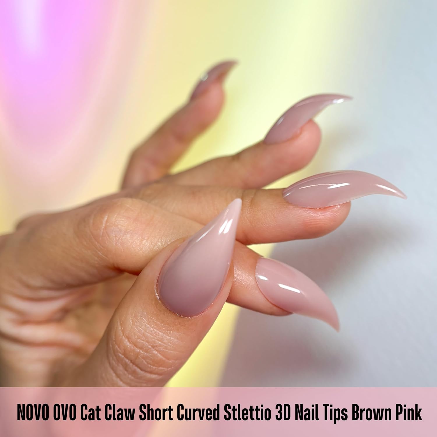 NOVO OVO Halloween 3D Cat Claw Nail Tips Brown Pink, 128Pcs Short Curved Stiletto Press on Nails with Built-in APEX, PMMA Full Cover Clear Eagle False Nails for Cosplay & Salon Extension, 16 Sizes