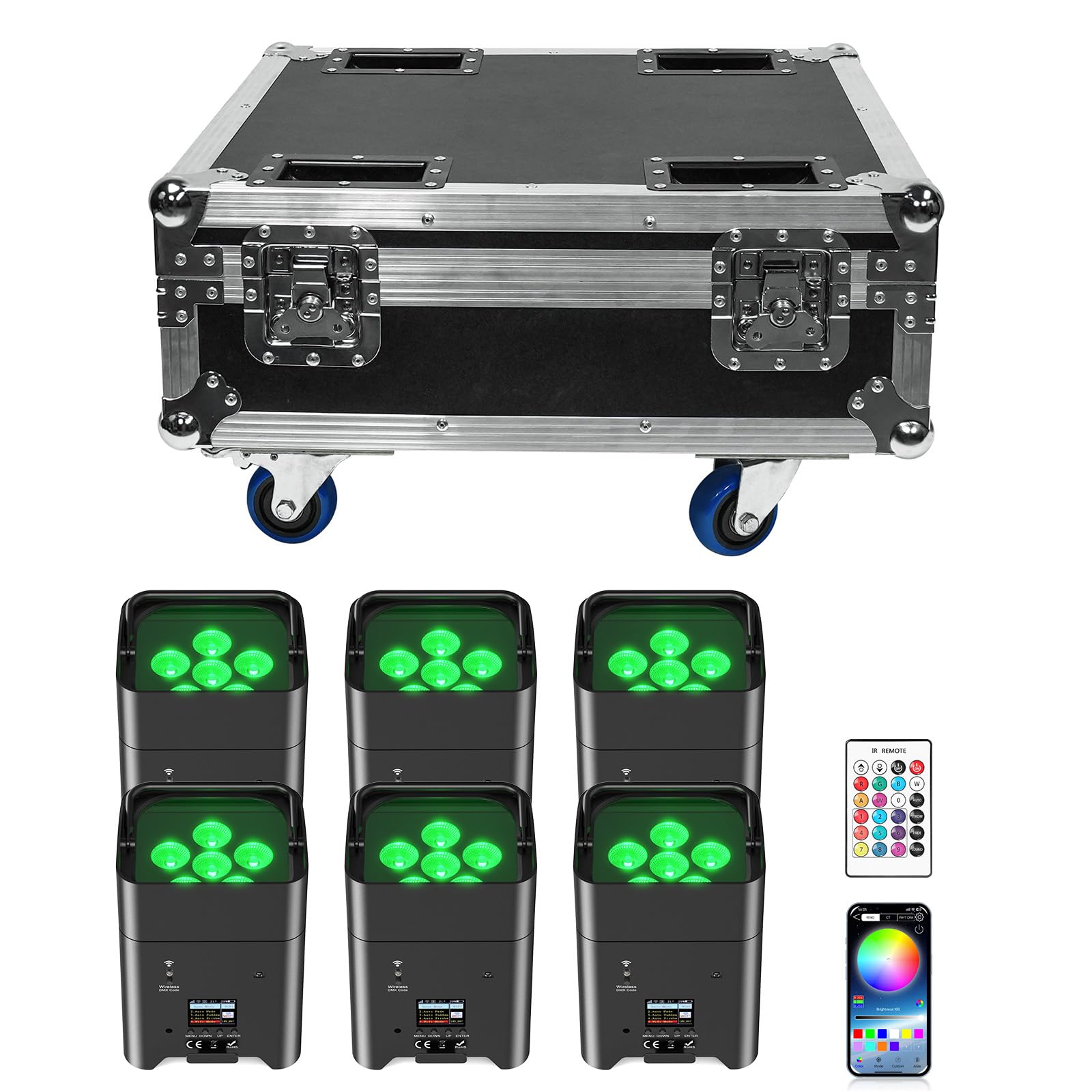6X108W faretti LED par batteria ricaricabile con flightcase, RGBWA+UV LED Luce per festa senza fili con telecomando/APP/controllo DMX512 illuminazione da palco per feste DJ scena
