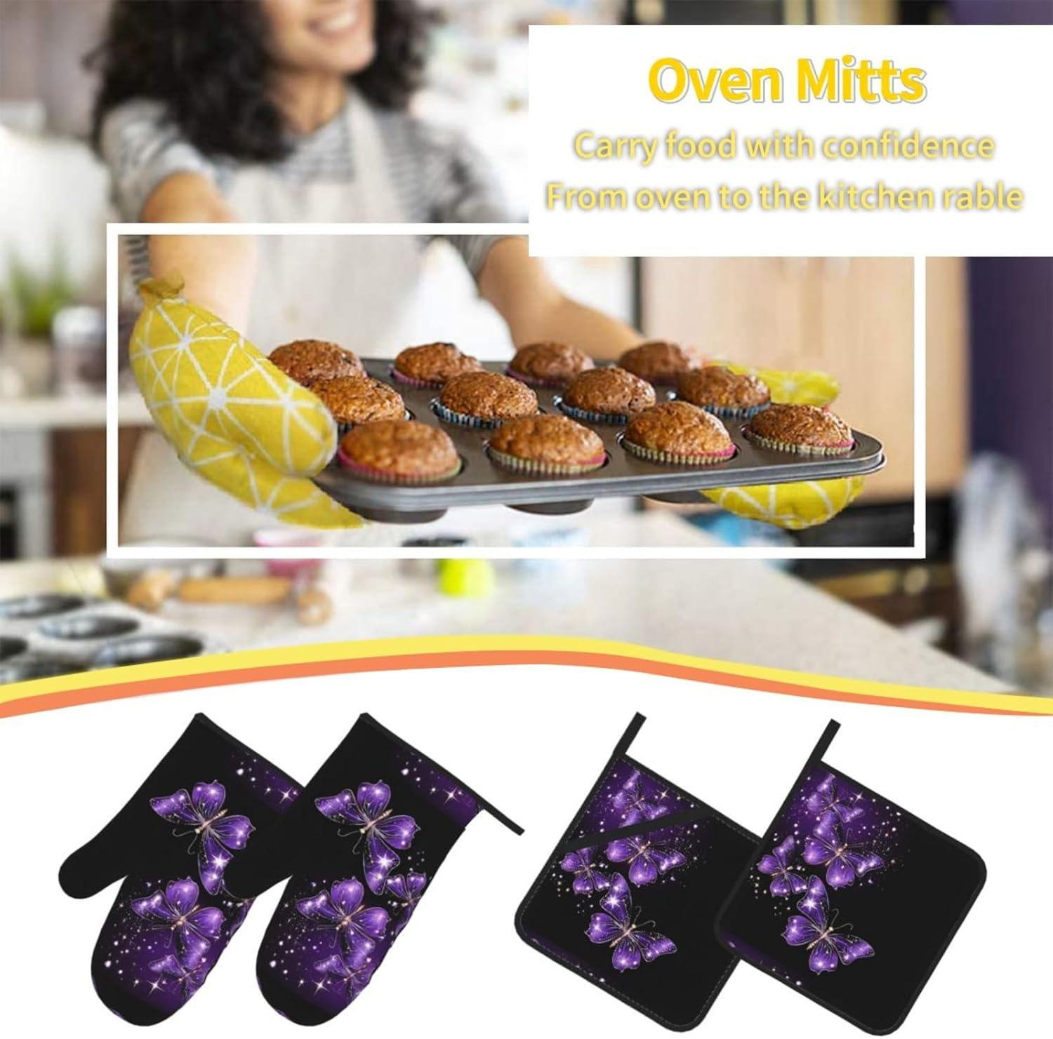 (Background with Night Butterflies) Baking 4-Piece Set: 2 Oven Mitts and 2 Pot Holders Heat Resistant Waterproof Hanging Loop for Kitchen Oven Grill Housewarming Gifts