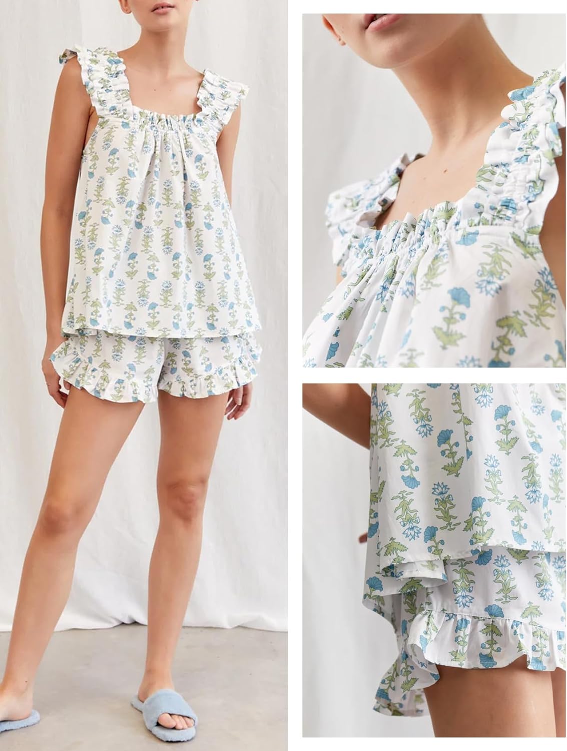 Wyeysyt Summer PJs for Women Set, Womens Floral Pajama Set Trim Cami Top and Shorts 2 Piece Sleepwear Set - Image 5