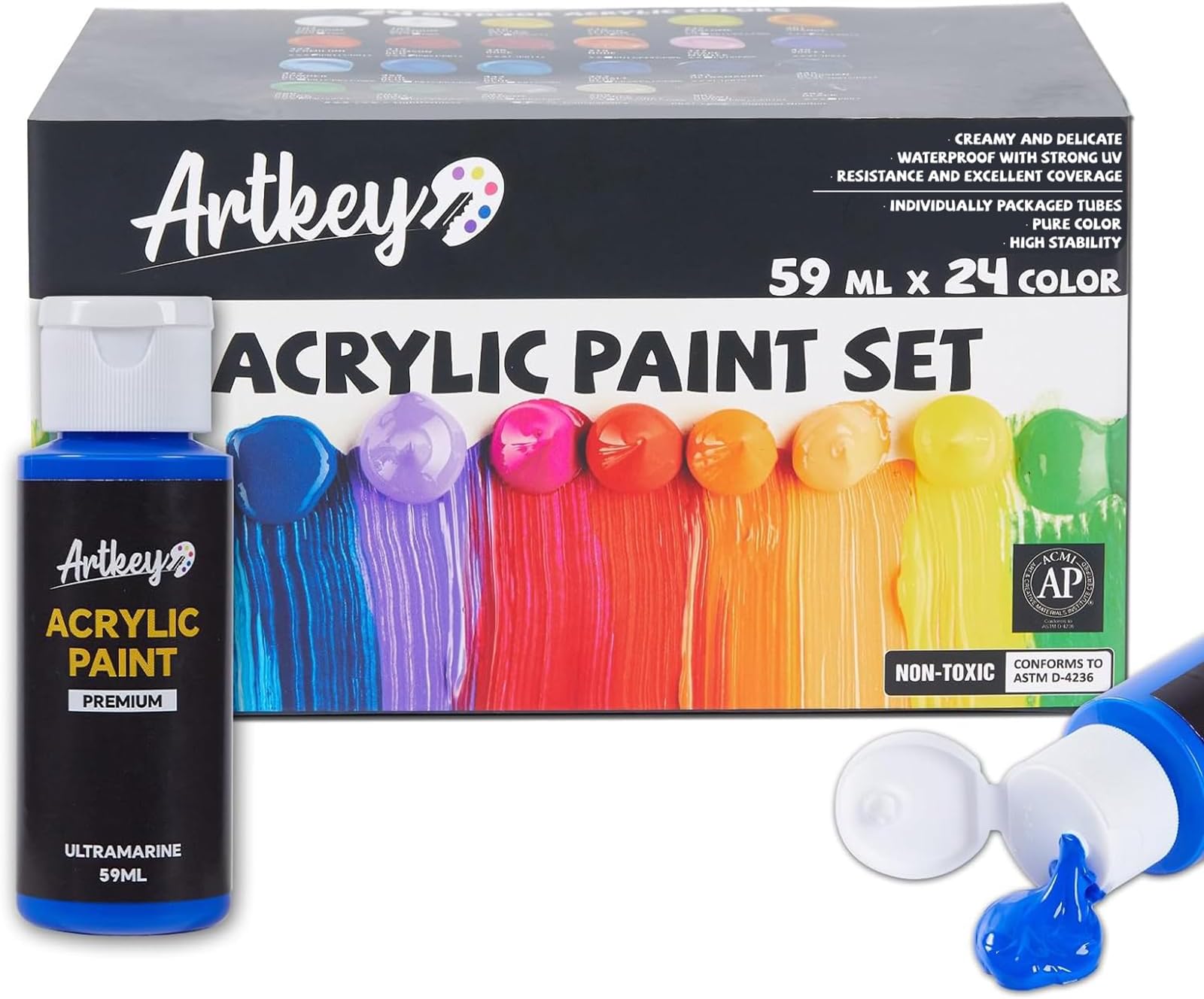 Artkey Acrylic Paint Set, 24 Colors 2 oz/59 ml Acrylic Paint Kit for Professional Artists & Beginners – Craft & Art Supplies for Canvas, Wood, Fabric, Rock, Leather, Ceramic, Glass, Easter Egg
