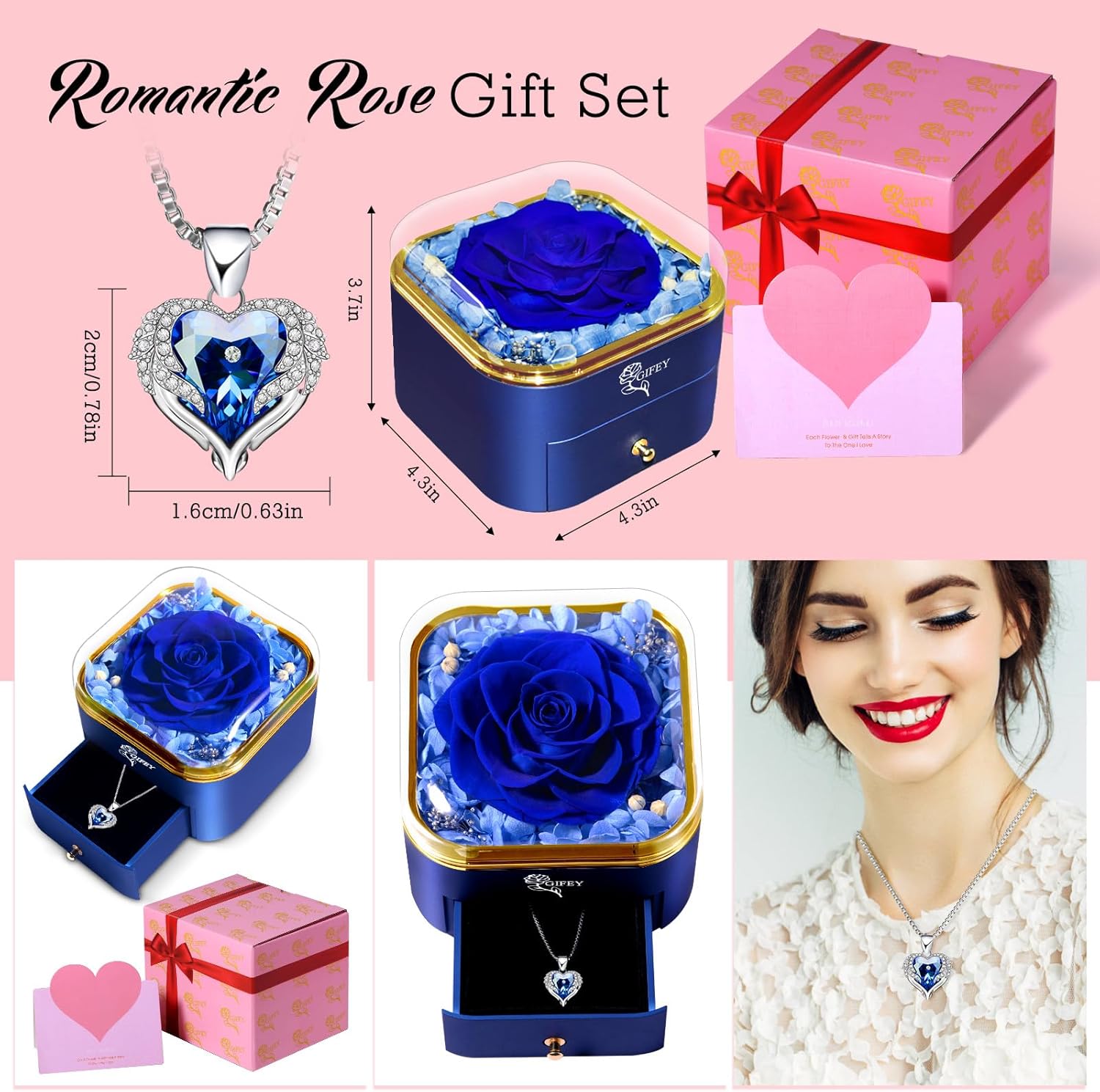 Valentines Day Gifts for Her - Preserved Real Blue Rose with Heart Necklace, Forever Flowers Gifts for Mom Grandma Wife Girlfriend at Christmas, Valentines, Mothers Day, Anniversary or Birthday Gifts for Women to Send Love
