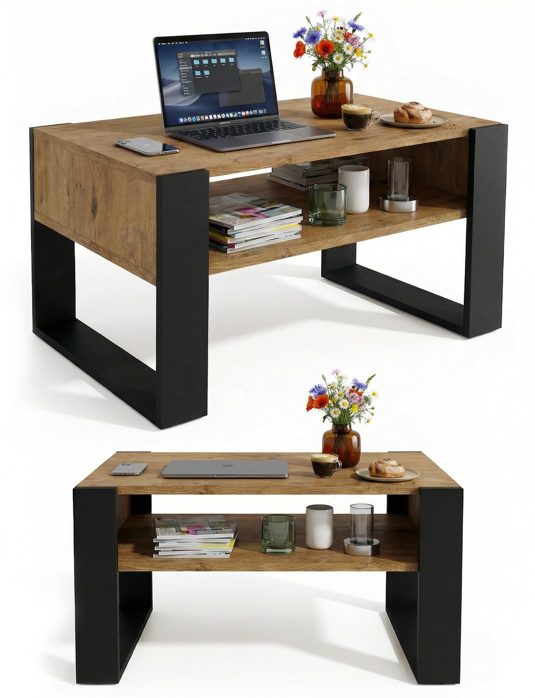 CraftPAK Wohnzimmer Tisch für Couch aus hochwertigem Holz, moderner Couchtisch mit zusätzlicher Ablagefläche, Sofatisch für Wohnzimmer, Farbe Retro-Schwarz
