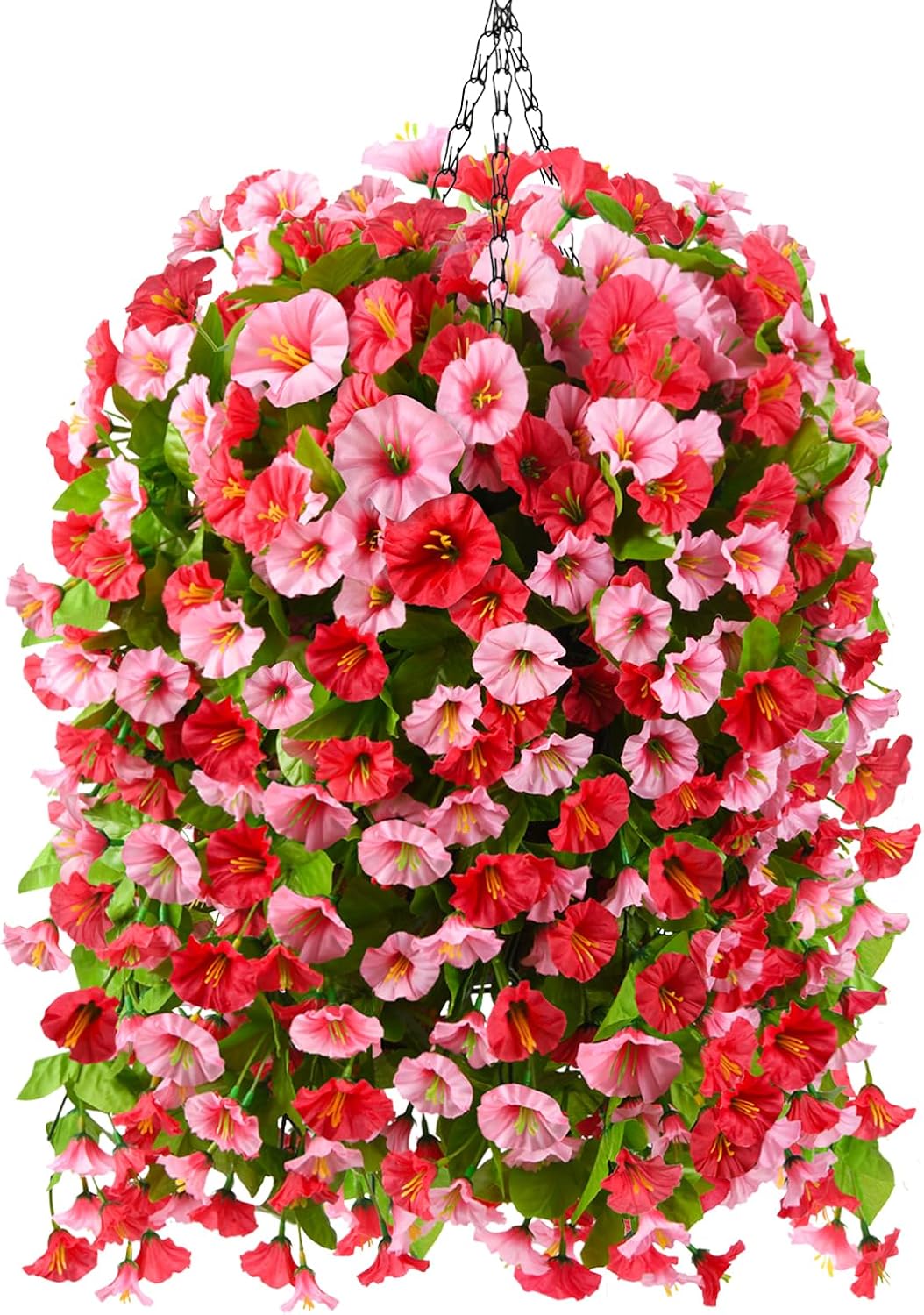 Homsunny Artificial Faux Hanging Flowers Plants Baskets for Outdoor Spring Summer Decorations,Resistant Fake Morning Glory Silk Plants for Outside UV Resistant Patio Yard Home Porch Decor(Rose red)