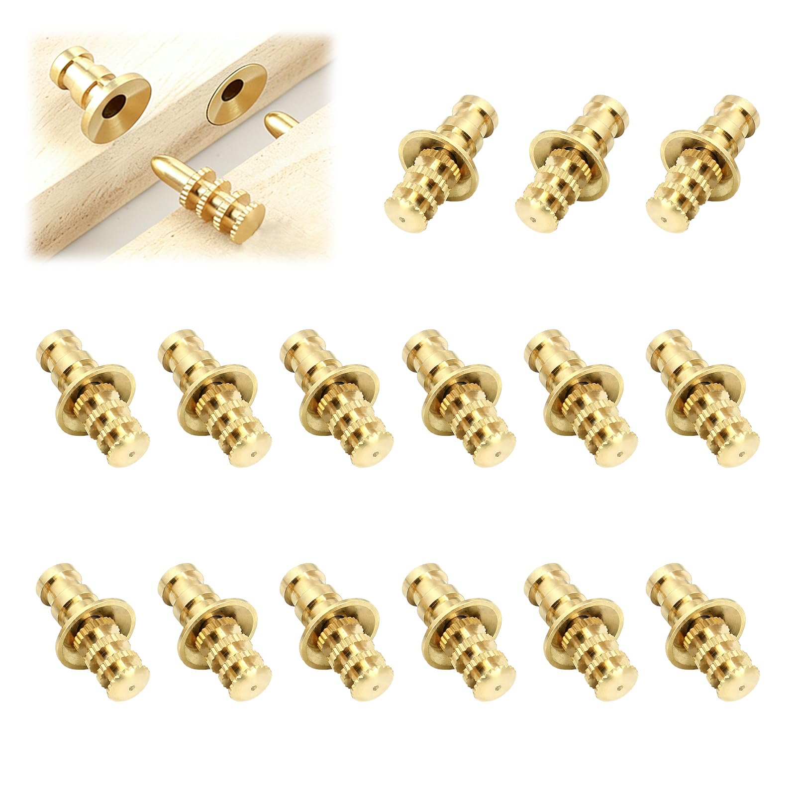 UFURMATE Table Pin Sets with Sockets, 15Pcs Solid Brass Table Leaf Dowel Pins Gold Table Bolt Sleeve Connectors Table Top Leaf Alignment Pins (Dia.0.3",Tooth Pattern) — image 1