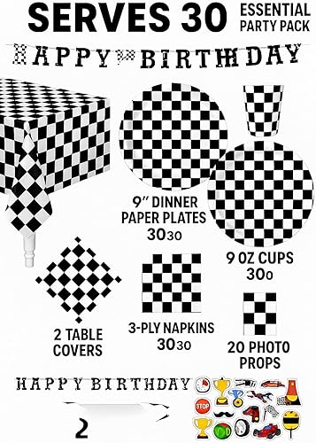 Miniatura 2 de Sirve para 30 Paquete esencial de fiesta Cuadros en blanco y negro Platos de papel de cena de 9 pulgadas Platos de papel de postre de 7 pulgadas