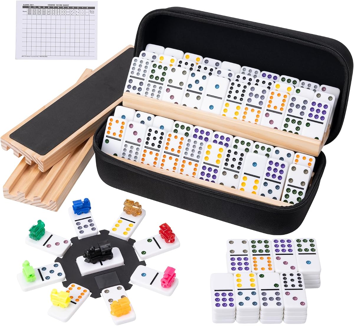 Mexican Train Dominoes Set 4 Wooden Racks Double 12 Game 91 Dot Tiles | 9 Colorful Trains, Center Hub, Score Pad, 3 Slot Slanted Trays, Portable Storage Case, Classic Family Board Game