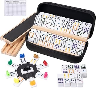 Mexican Train Dominoes Set with 4 Wooden Racks, Double 12 Dominos Game with 91 Dot Tiles, 9 Trains, Hub, Classic Family Board Game for Adults Kids, Travel,Party