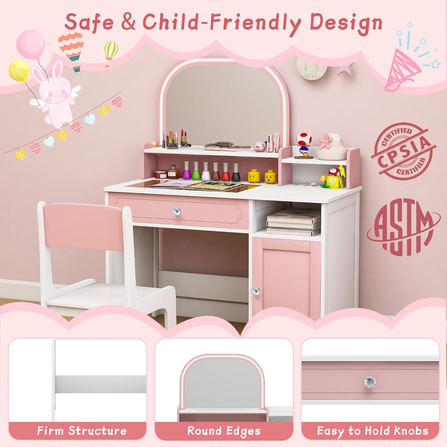 Kids Vanity Set, Toddler Dresser Small Vanity Desk with Mirror and Lights, Wooden Dressing Table Kids Makeup Vanity Organizer Sets for Girls, Pink