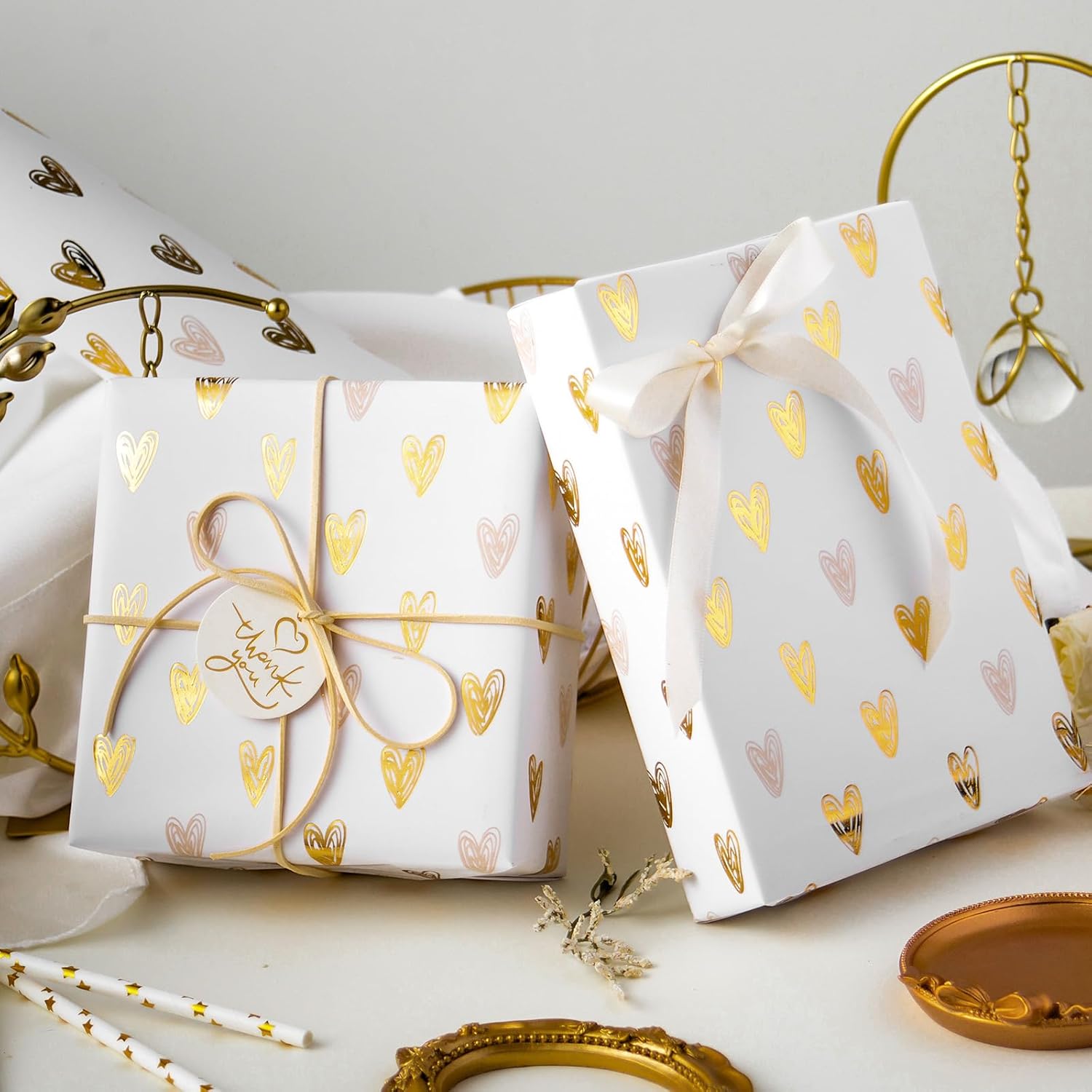 MAYPLUSS Foil Hearts Wrapping Paper Roll - 17 Inch X 33 Feet - Luxury Metallic Golden Heart Design Holiday Gift Wrap Present Paper for Valentine’s Day, Birthdays, Wedding, Anniversaries - Image 3