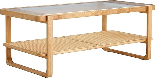 HMFULE Mesa de centro de madera maciza tejida de ratán moderno de 45 pulgadas, mesa de café rectangular de vidrio simple para sala de estar,