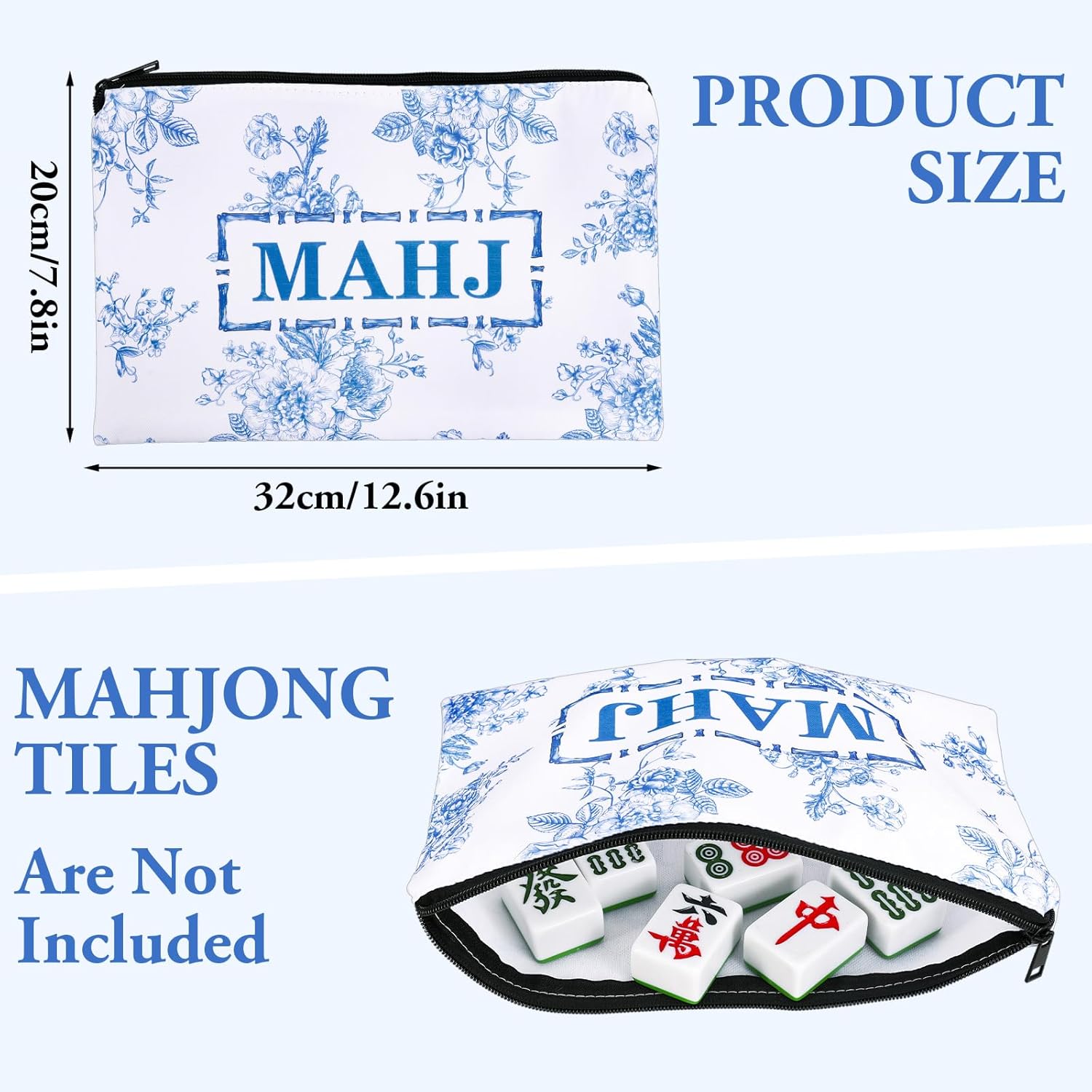 Whaline 3 Pcs Empty Mahjong Bag Set Blue White Chinoiserie Flower Mahj Carrying Bag with Handle Tile Bags and Drawstring Bags for American Mahjong Tiles Trays Racks