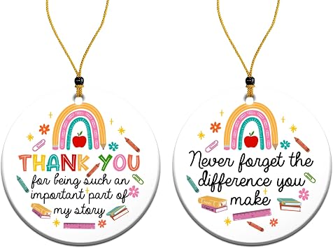 VIAMAZ 1 Pcs Two-Side Printed Thank You Ornament - Christmas Teacher Gift, Ceramic, 3x3 Inches, Christmas