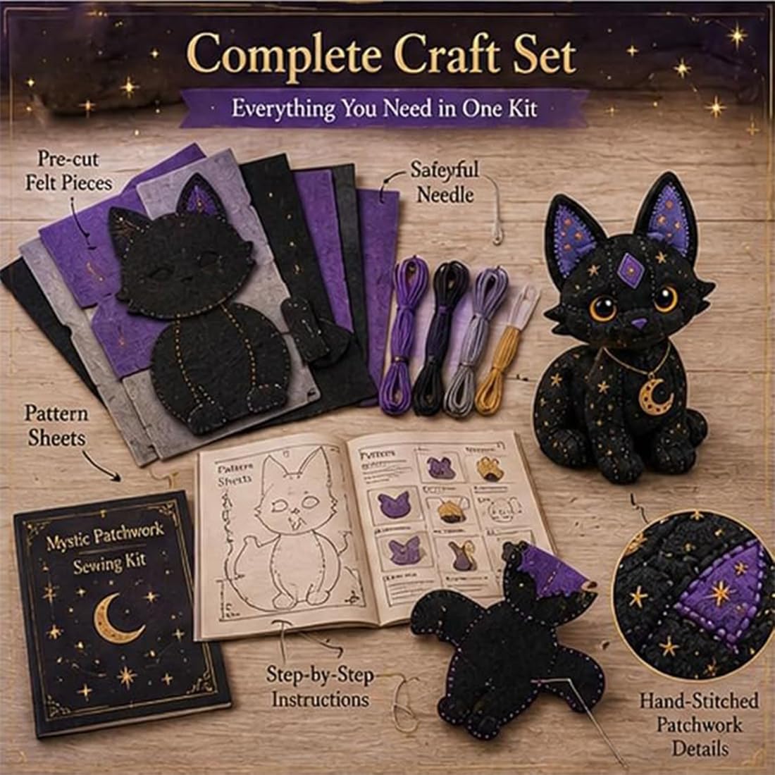 Kit de costura de animales de patchwork místico, kit de costura de gato estrella de patchwork místico (A6)